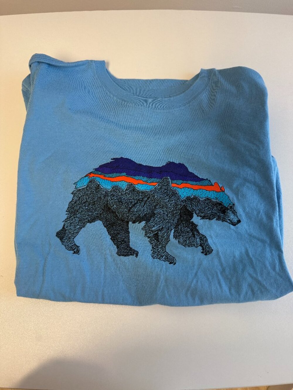 Patagonia Kids' Long-Sleeved Fitz Roy Bear ("Back for Good") tee, light blue, XL